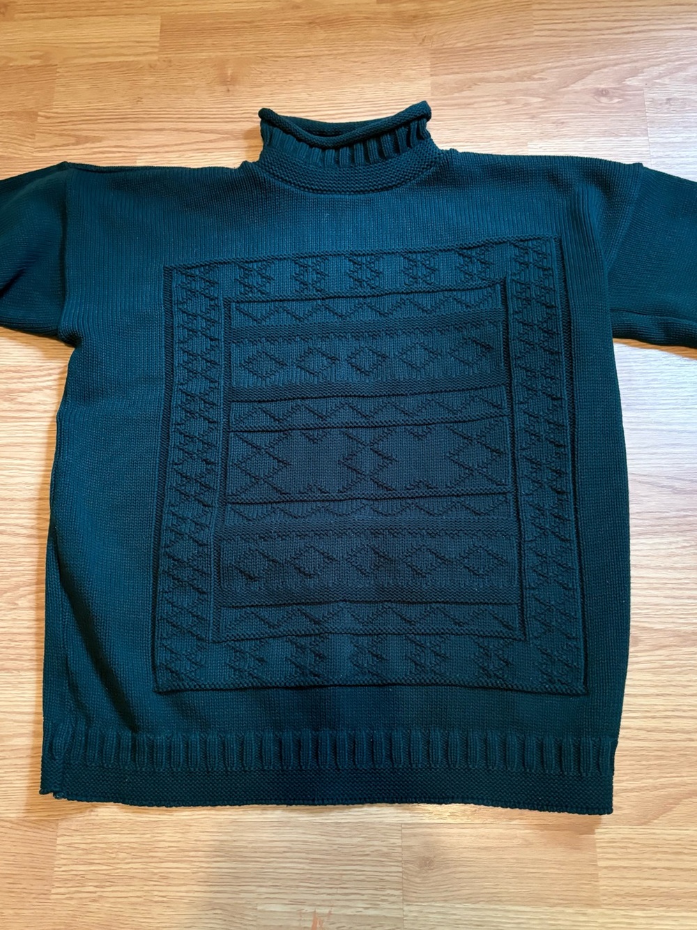 Vintage Dark Green Emerald Knit Mock Neck Sweater Geometric Monochrome Warm